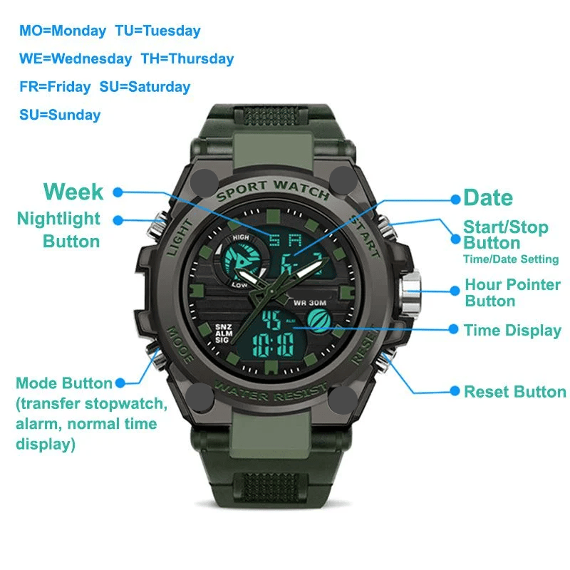 Vivolux | Sportliche Dual-Display Mode Multifunktionale wasserdichte leuchtende Herrenarmbanduhr