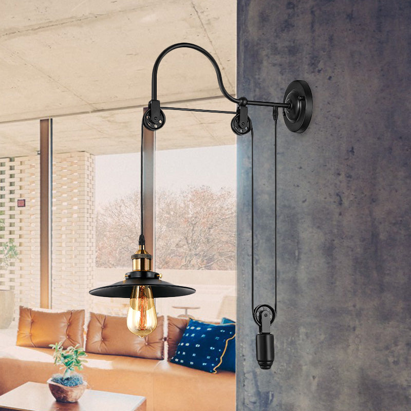 Vivolux | 1 Bulb Flat Wandlamp Industrieel Stijl Zwart Metallic Verstelbare Wandverlichting Fixture met Pulley Ontwerp