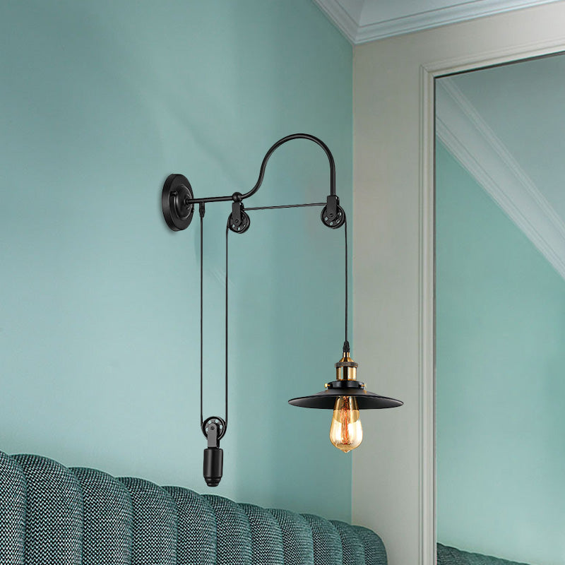 Vivolux | 1 Bulb Flat Wandlamp Industrieel Stijl Zwart Metallic Verstelbare Wandverlichting Fixture met Pulley Ontwerp