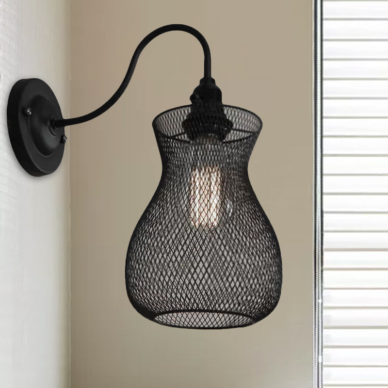 Vivolux | 1 Glühbirnen Vase Form Wand Sconce mit Mesh-Schirm Industriestil Schwarz Metall Wandleuchte für Flur