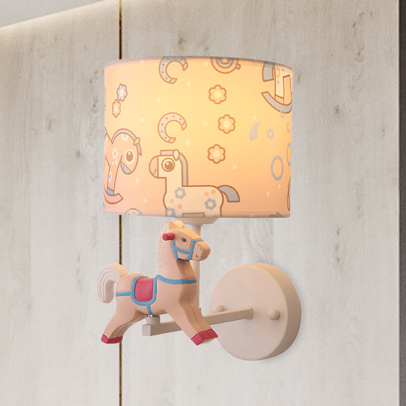 Vivolux | Trojan Horse Shape Wandlamp Scone Cartoon Hars 1 Licht LED Roze/Blauw Wandlamp met Drum Stoffen Schaduw