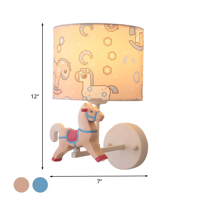 Vivolux | Trojan Horse Shape Wandlamp Scone Cartoon Hars 1 Licht LED Roze/Blauw Wandlamp met Drum Stoffen Schaduw
