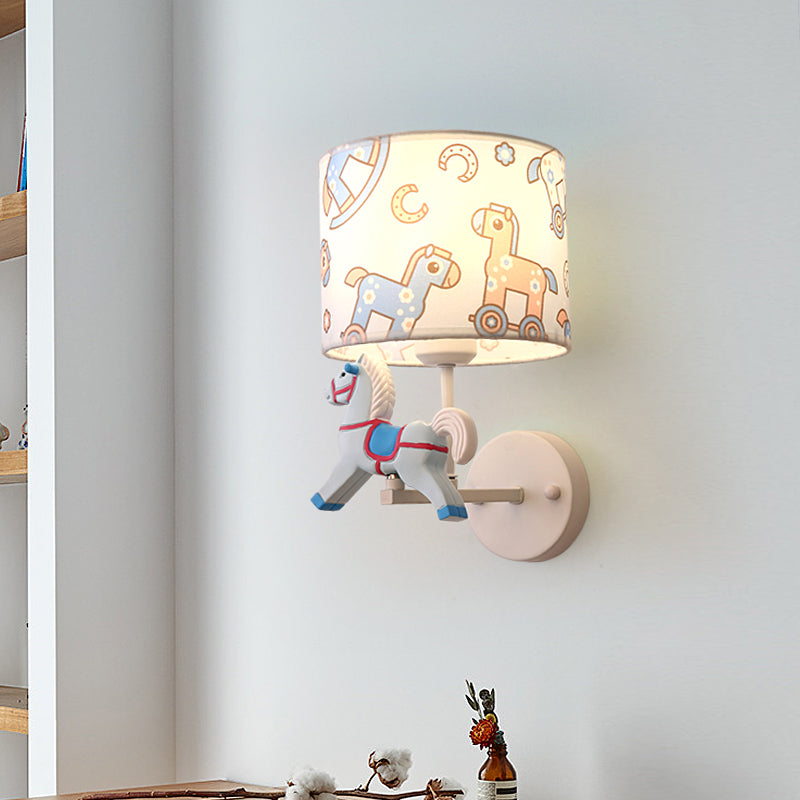 Vivolux | Trojan Horse Shape Wandlamp Scone Cartoon Hars 1 Licht LED Roze/Blauw Wandlamp met Drum Stoffen Schaduw
