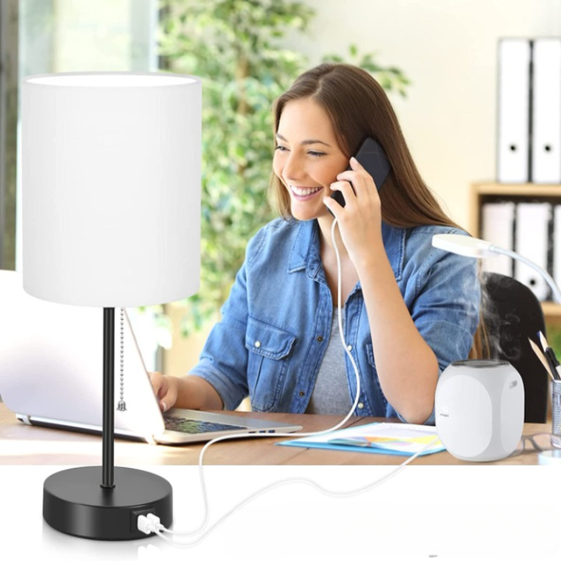 Vivolux | Tischlampen Set von 2 mit USB-Ladeanschlüssen, graue Nachttischlampen mit AC-Steckdose, Nachttischlampen mit Zugschalter, minimalistische moderne Schreibtischlampen mit Stoffschirm für Wohnzimmer Schlafzimmer Büro