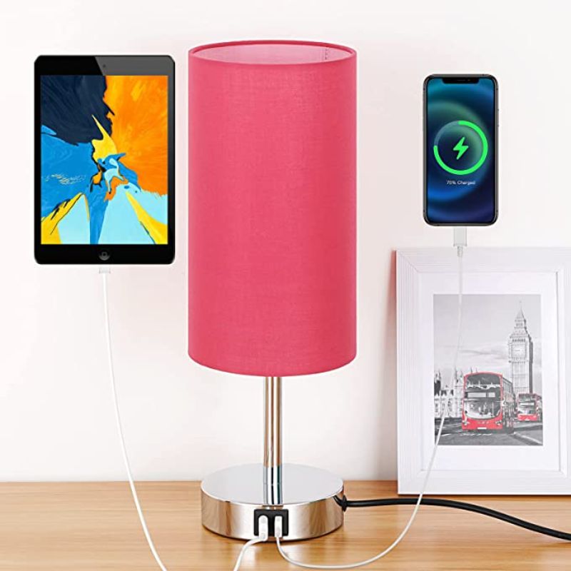 Vivolux | Lampe mit USB-Anschluss Touch-Control Tischlampe für Schlafzimmer Holz 3-stufig dimmbare Nachttischlampe mit runder Leinenstoff-Schirm für Wohnzimmer, Studentenwohnheim, Home Office