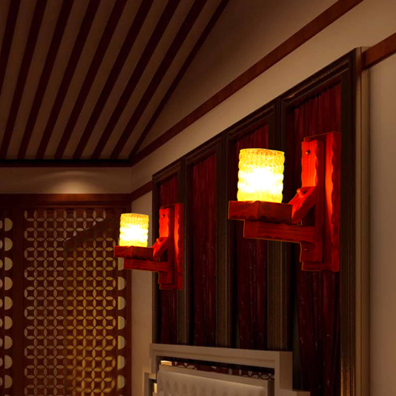Vivolux | Rood Bruin Cilinder Muurmontage Lamp Traditionele Deuk Glas 1/2-Licht Slaapkamer Wandlamp Lichtarmatuur met Houten Arm