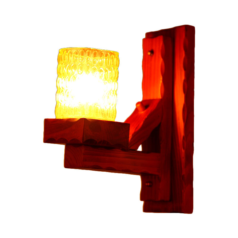 Vivolux | Rood Bruin Cilinder Muurmontage Lamp Traditionele Deuk Glas 1/2-Licht Slaapkamer Wandlamp Lichtarmatuur met Houten Arm