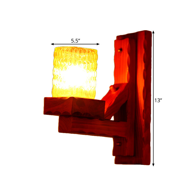Vivolux | Rood Bruin Cilinder Muurmontage Lamp Traditionele Deuk Glas 1/2-Licht Slaapkamer Wandlamp Lichtarmatuur met Houten Arm