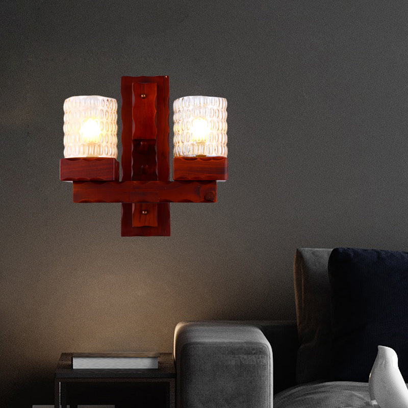Vivolux | Rood Bruin Cilinder Muurmontage Lamp Traditionele Deuk Glas 1/2-Licht Slaapkamer Wandlamp Lichtarmatuur met Houten Arm
