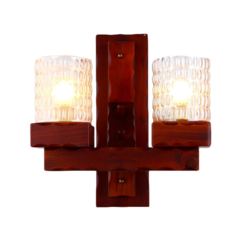 Vivolux | Rood Bruin Cilinder Muurmontage Lamp Traditionele Deuk Glas 1/2-Licht Slaapkamer Wandlamp Lichtarmatuur met Houten Arm