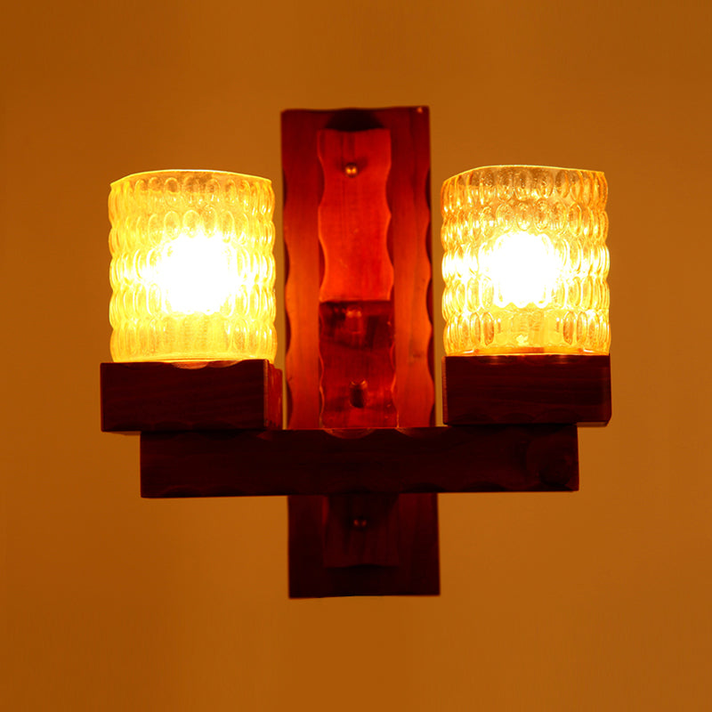 Vivolux | Rood Bruin Cilinder Muurmontage Lamp Traditionele Deuk Glas 1/2-Licht Slaapkamer Wandlamp Lichtarmatuur met Houten Arm