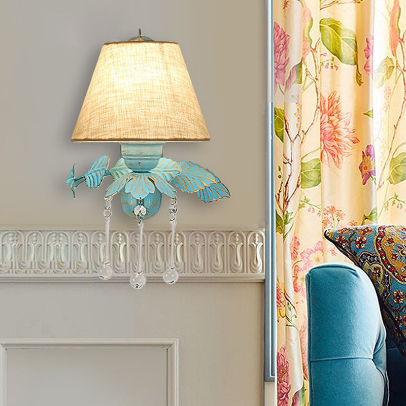 Vivolux | Stoff Blau Wandmontierte Lampe Konisch 1/2-Licht Landhausstil Wandlampe mit Klarem Glas Tropfen