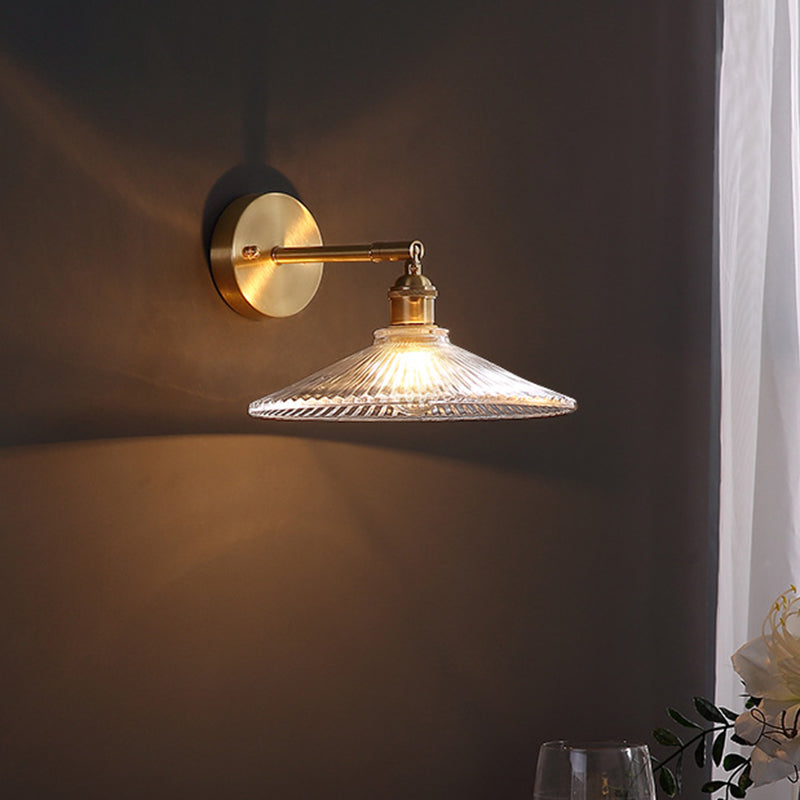 Vivolux | 1 Kopf Nachttisch Wandleuchte Einfache Messing Wandmontierte Lampe mit gewelltem klarem Glasschirm