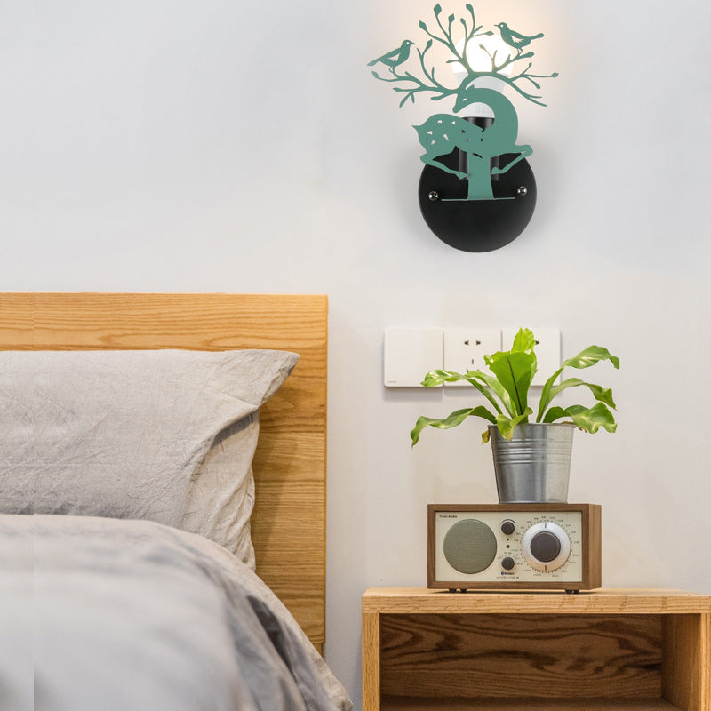 Vivolux | Sika Deer Kindergarten Wandlampe mit Branche & Vogel Metall 1 Licht Tier Lampe