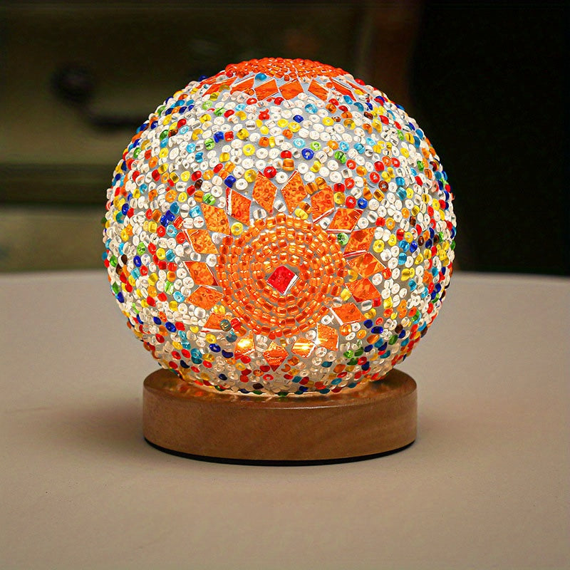 Vivolux | Mosaikglasballen-Tischlampe mit Holzfuß - Türkisch marokkanisch inspiriert