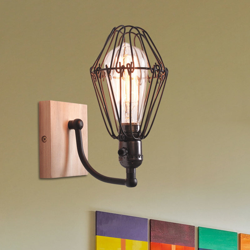 Vivolux | 1 Glühbirne Wandbeleuchtung Antik Stil Käfig Schmiedeeisen Wandlampe mit Holz-Rückwand in Schwarz