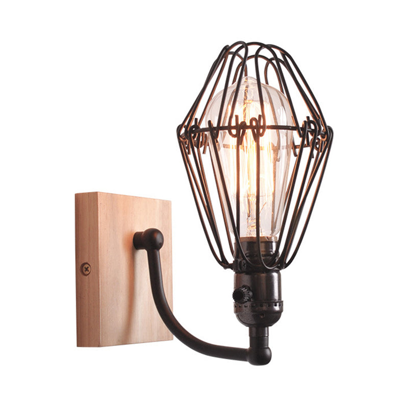 Vivolux | 1 Glühbirne Wandbeleuchtung Antik Stil Käfig Schmiedeeisen Wandlampe mit Holz-Rückwand in Schwarz