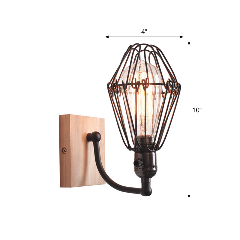 Vivolux | 1 Glühbirne Wandbeleuchtung Antik Stil Käfig Schmiedeeisen Wandlampe mit Holz-Rückwand in Schwarz