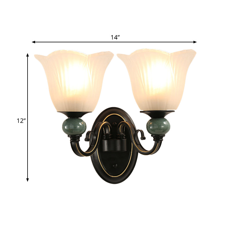 Vivolux | Schwarze Fließende Wandlampe Traditionelles Opal Rippenglas 1/2-Birnen Schlafzimmer Wandleuchte mit Wirbelarm