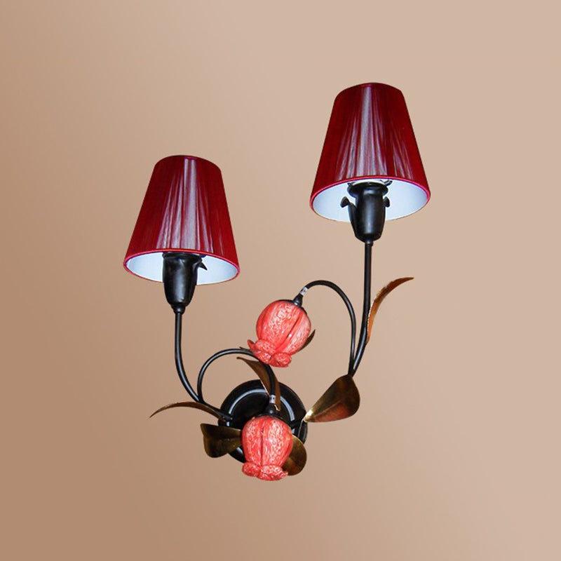 Vivolux | Rote Kegel Wandlampe Koreanische Blume Plissee Stoff 4-Kopf Lounge Wandleuchte mit Blumenknospen-Schirm
