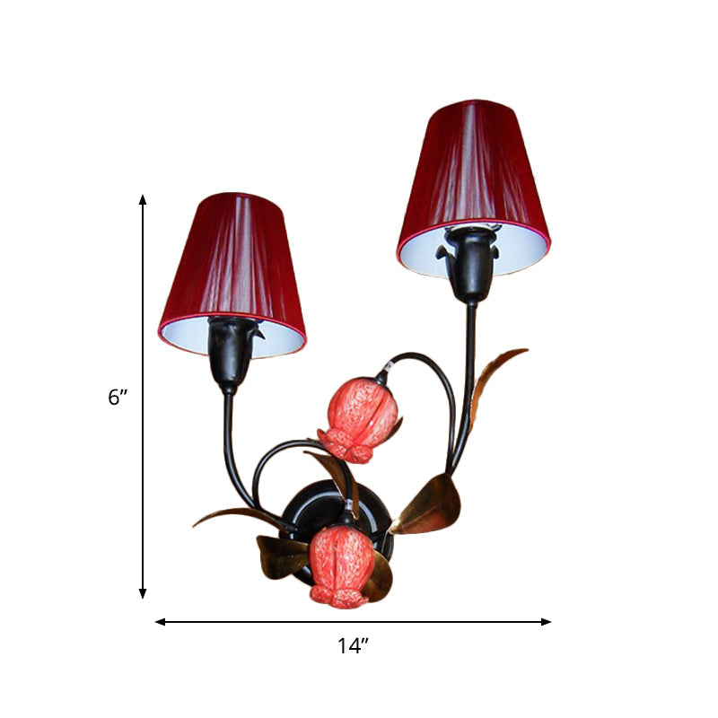 Vivolux | Rote Kegel Wandlampe Koreanische Blume Plissee Stoff 4-Kopf Lounge Wandleuchte mit Blumenknospen-Schirm