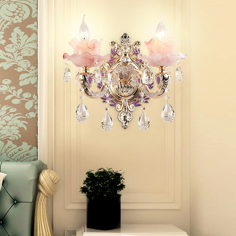 Vivolux | Ruffle Paarse Glazen Wandlamp Platteland 1/2-Licht Woonkamer Muurverlichting met K9 Kristal Druppel