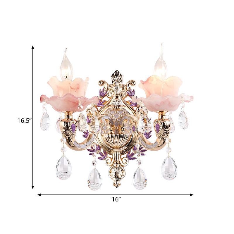 Vivolux | Ruffle Paarse Glazen Wandlamp Platteland 1/2-Licht Woonkamer Muurverlichting met K9 Kristal Druppel