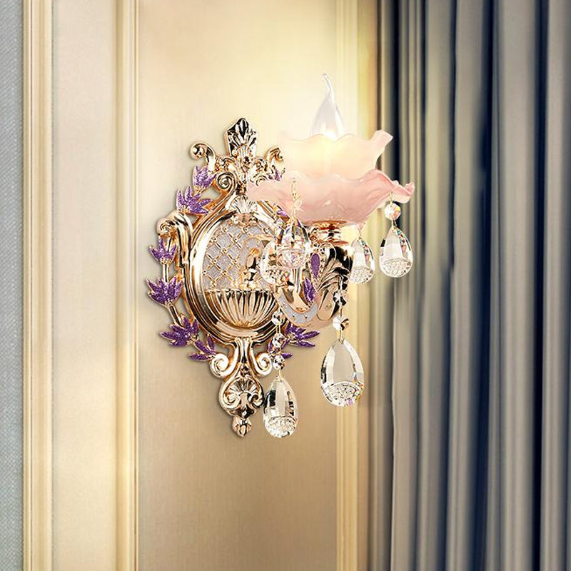 Vivolux | Ruffle Paarse Glazen Wandlamp Platteland 1/2-Licht Woonkamer Muurverlichting met K9 Kristal Druppel