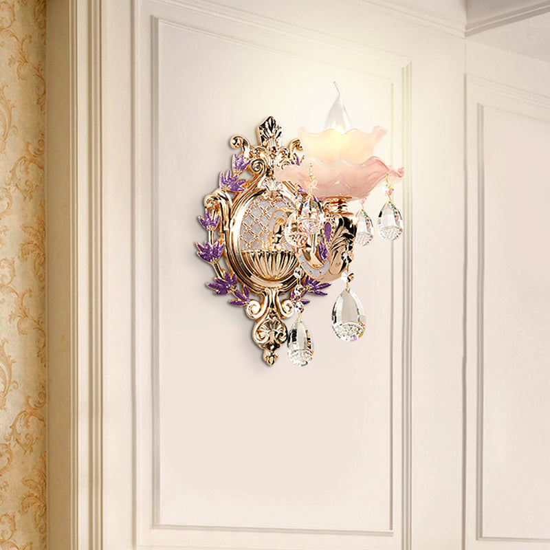 Vivolux | Ruffle Paarse Glazen Wandlamp Platteland 1/2-Licht Woonkamer Muurverlichting met K9 Kristal Druppel