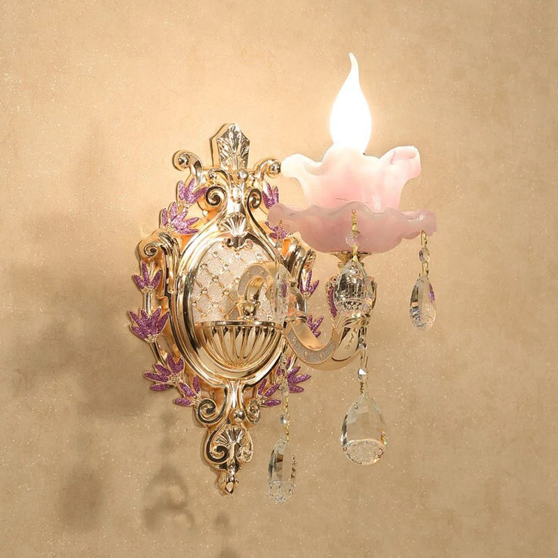 Vivolux | Ruffle Paarse Glazen Wandlamp Platteland 1/2-Licht Woonkamer Muurverlichting met K9 Kristal Druppel