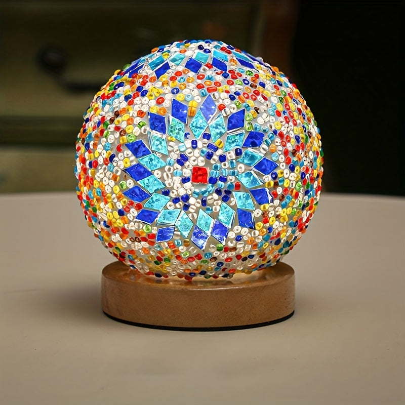 Vivolux | Mosaikglasballen-Tischlampe mit Holzfuß - Türkisch marokkanisch inspiriert