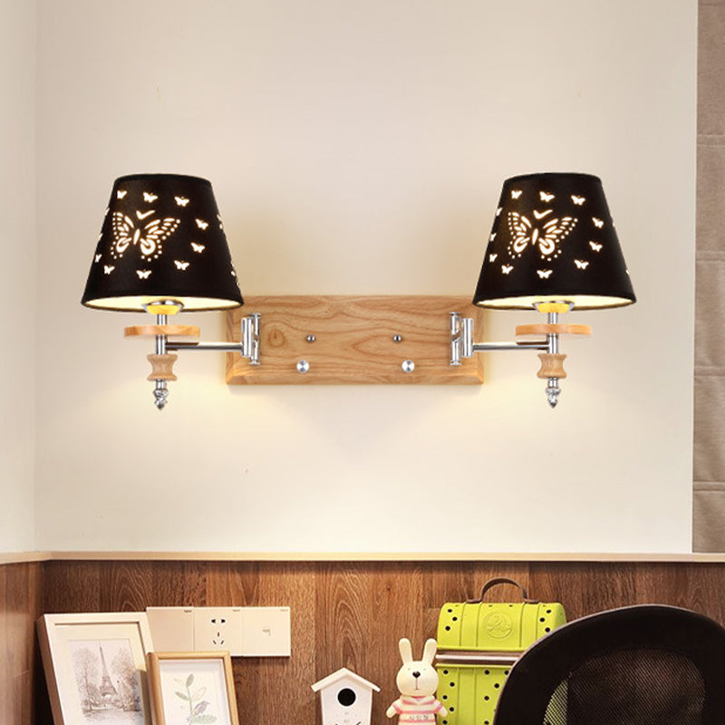 Vivolux | Schwarze Fassstoff-Wandleuchte Kinder 1/2 Lichter Holz Wandmontierte Lampe mit Schmetterlingsmuster