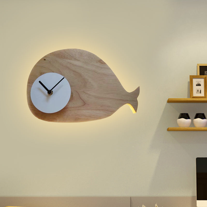 Vivolux | Schwarz/Weiß/Beige Wal Wandbeleuchtung Cartoon Holz LED Wandlampe mit/ohne Uhr in Warm/Weiß Licht