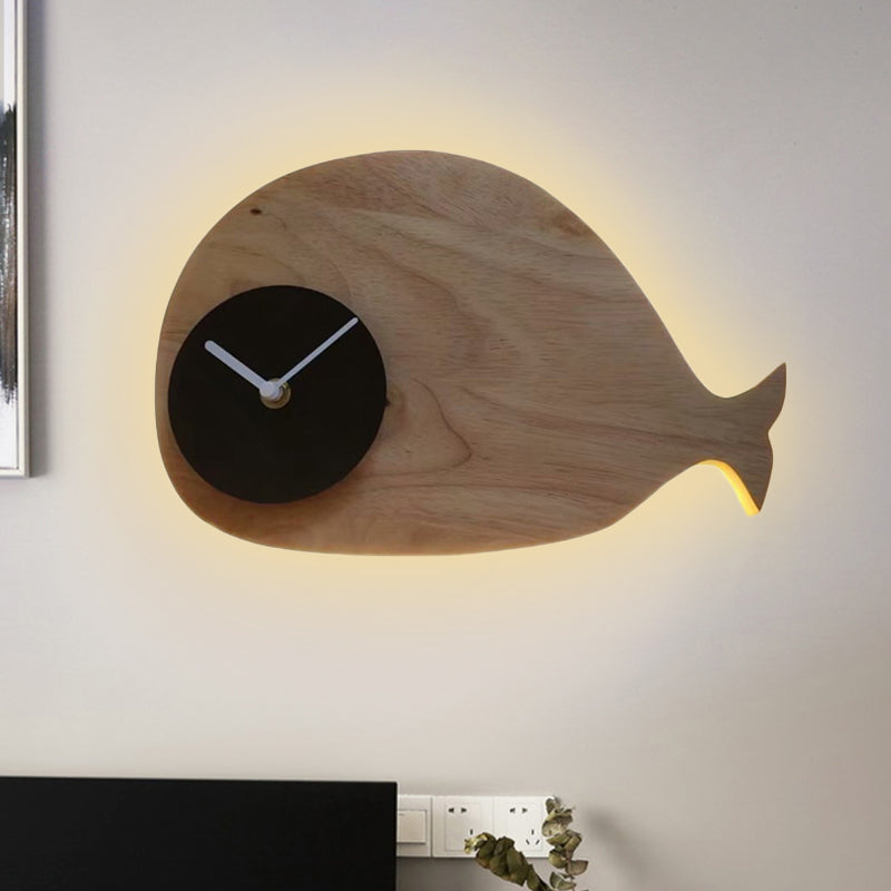 Vivolux | Schwarz/Weiß/Beige Wal Wandbeleuchtung Cartoon Holz LED Wandlampe mit/ohne Uhr in Warm/Weiß Licht