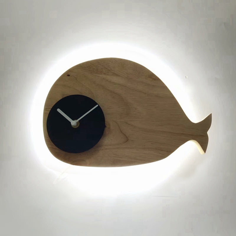Vivolux | Schwarz/Weiß/Beige Wal Wandbeleuchtung Cartoon Holz LED Wandlampe mit/ohne Uhr in Warm/Weiß Licht