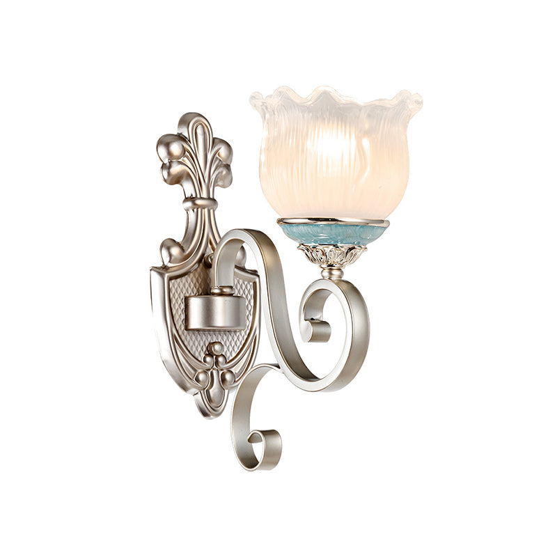 Vivolux | Zilver 1/2-Head Wandverlichting Traditionele Crème Glazen Bloesem Wandlamp met Geschulpte Arm