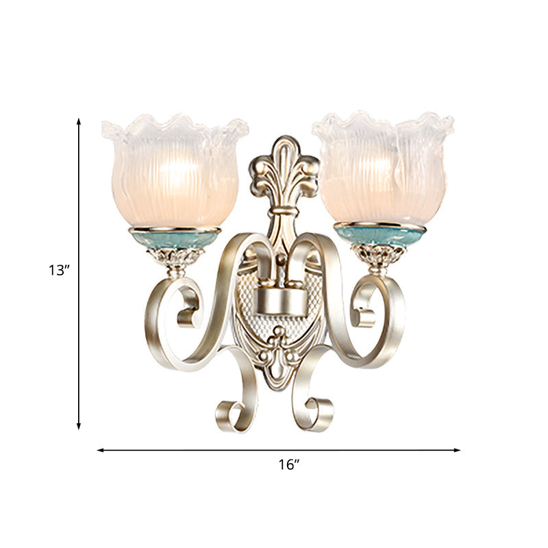 Vivolux | Zilver 1/2-Head Wandverlichting Traditionele Crème Glazen Bloesem Wandlamp met Geschulpte Arm