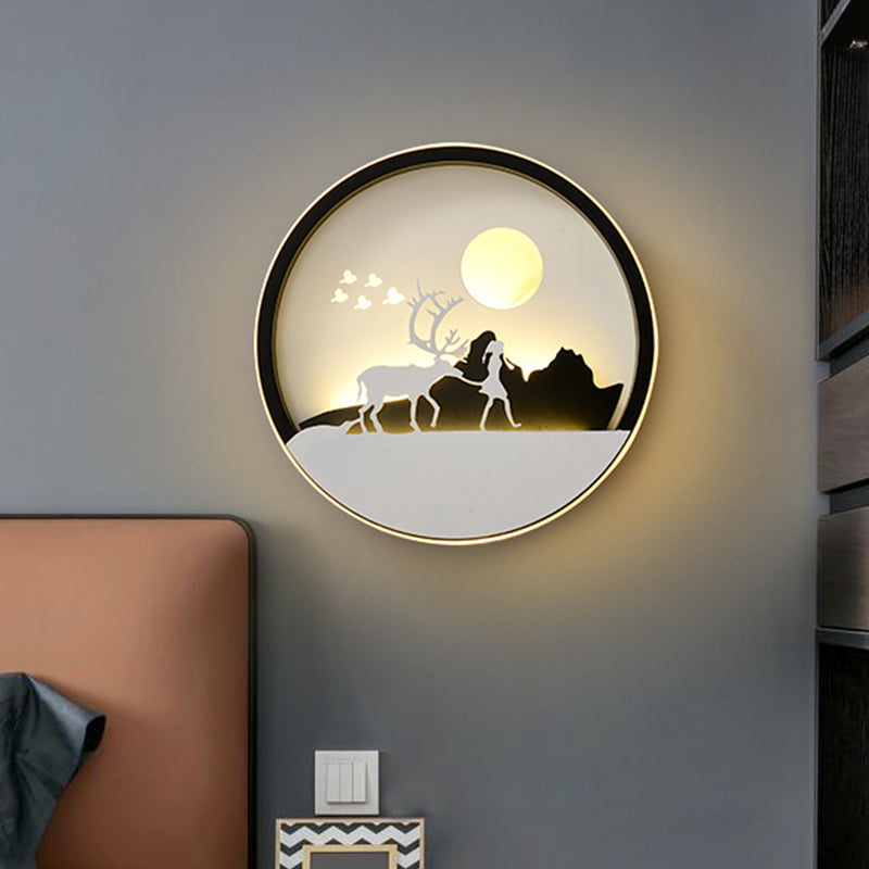 Vivolux | Metalen Ronde Wandverlichting Idee Modernistische LED Zwarte Wandlamp Wandmontage met Hert en Meisje/Eagle/Windmolen Ontwerp