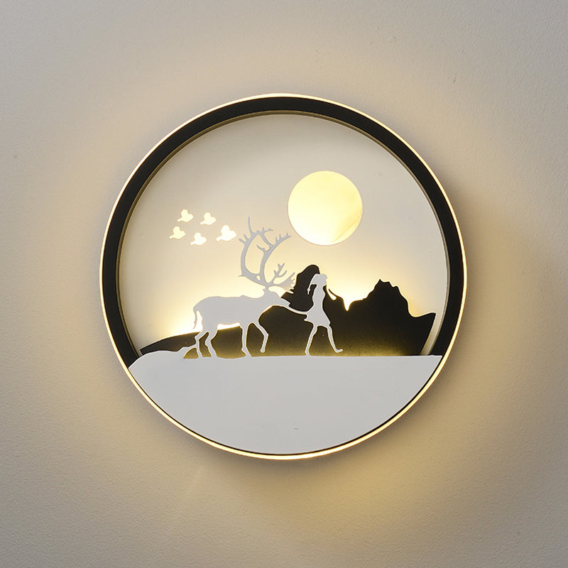 Vivolux | Metalen Ronde Wandverlichting Idee Modernistische LED Zwarte Wandlamp Wandmontage met Hert en Meisje/Eagle/Windmolen Ontwerp