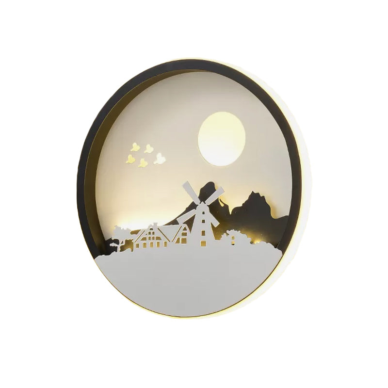 Vivolux | Metalen Ronde Wandverlichting Idee Modernistische LED Zwarte Wandlamp Wandmontage met Hert en Meisje/Eagle/Windmolen Ontwerp