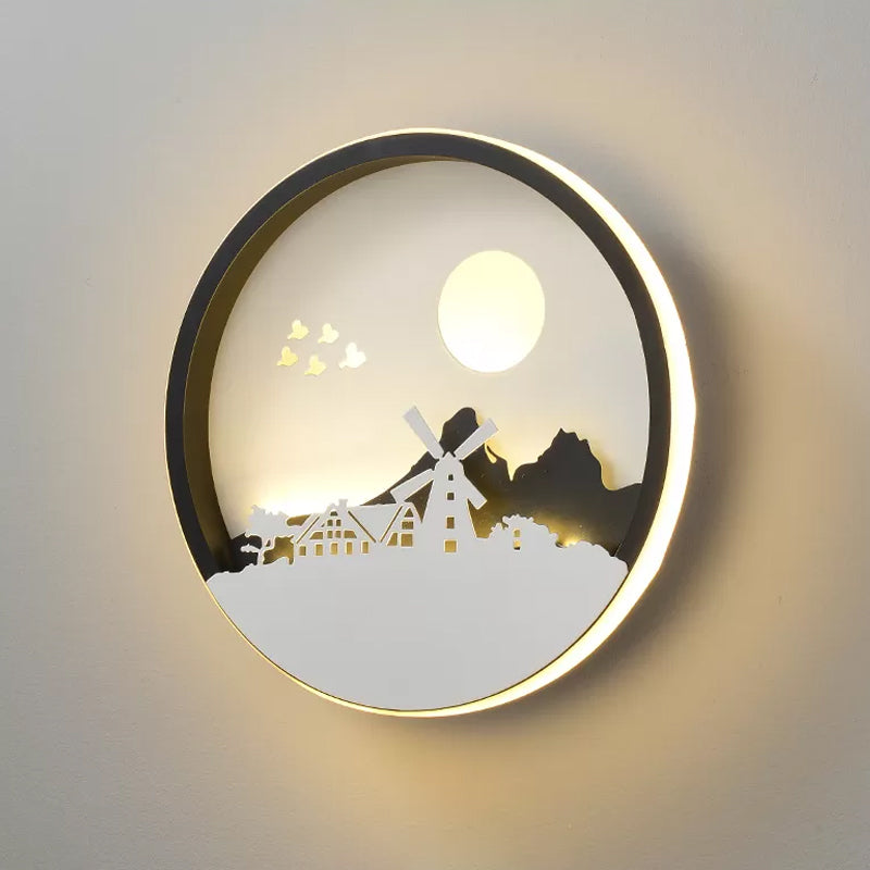 Vivolux | Metalen Ronde Wandverlichting Idee Modernistische LED Zwarte Wandlamp Wandmontage met Hert en Meisje/Eagle/Windmolen Ontwerp