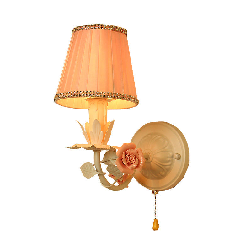 Vivolux | 1 Kopf Metall Wandleuchte Landhaus Rosa Fass Schlafzimmer Zugkette Wandmontage Lampe mit Blumen Dekor