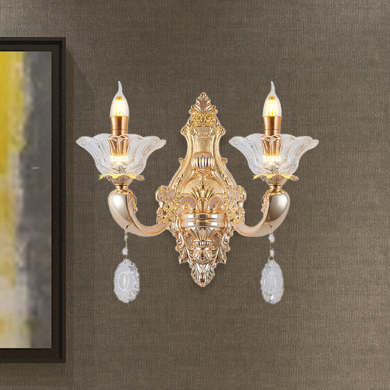 Vivolux | Retro Kandelaar Wandlamp Verlichtingsarmatuur 1/2-Bulb Duidelijk Kristalglas Wandgemonteerde Lamp in Goud