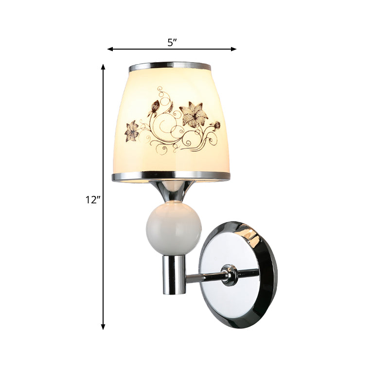 Vivolux | Pastorale Tapered Wandlamp Enkelvoudige Bulb Witte Gepatterned Glas Wandlicht in Chroom