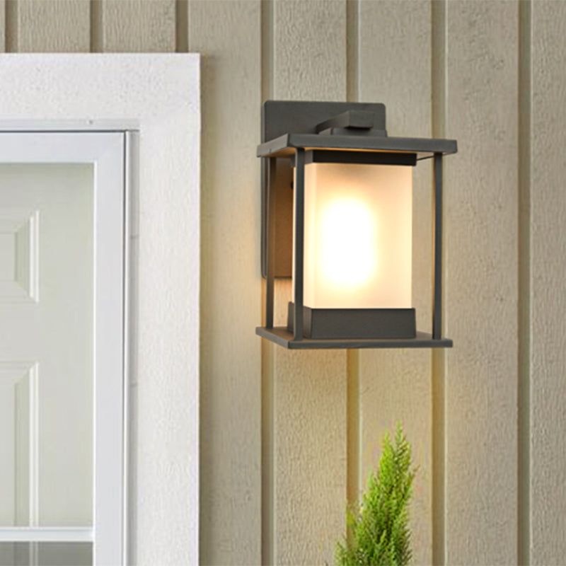 Vivolux | Witte glazen rechthoekige wandlamp rustiek 1-lamp wandverlichting voor buiten in koffie/zwart met metalen frame