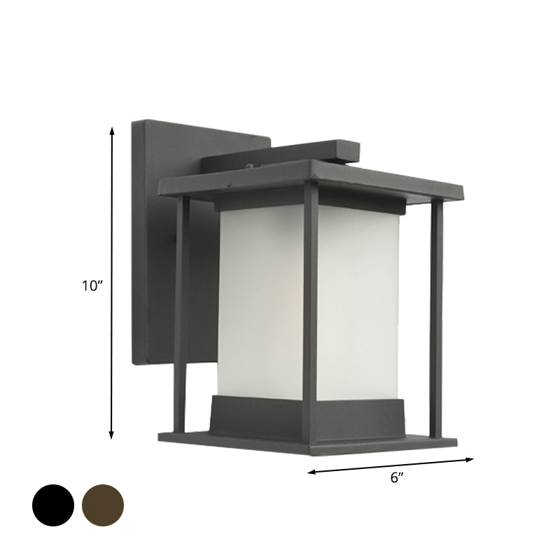 Vivolux | Witte glazen rechthoekige wandlamp rustiek 1-lamp wandverlichting voor buiten in koffie/zwart met metalen frame