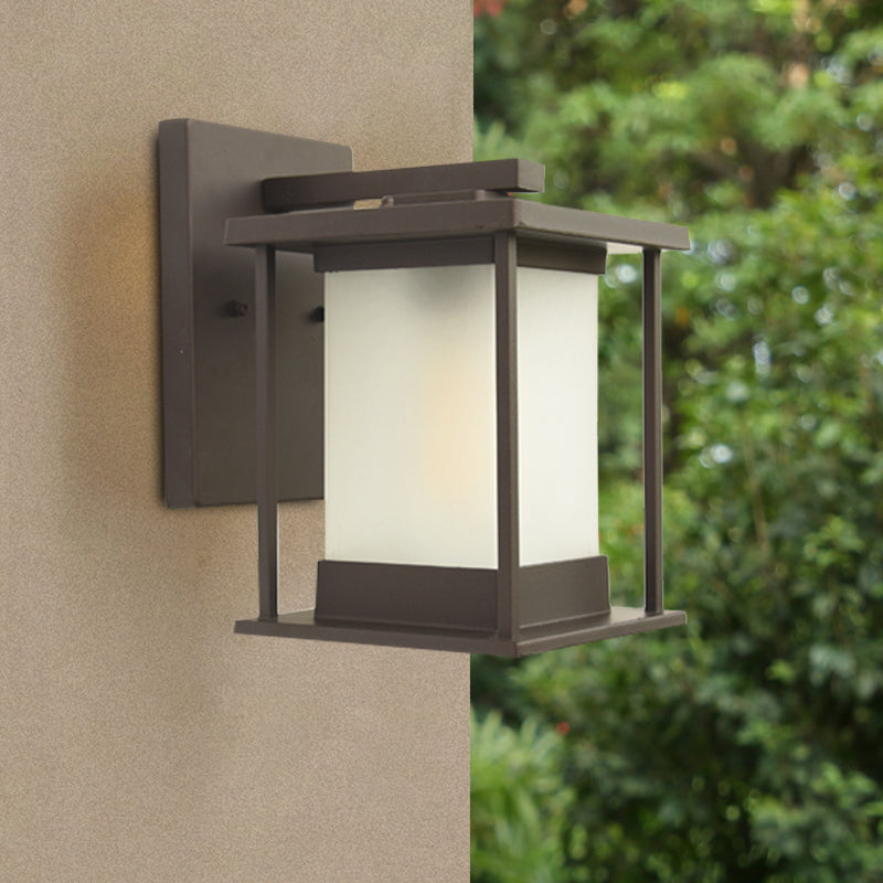 Vivolux | Witte glazen rechthoekige wandlamp rustiek 1-lamp wandverlichting voor buiten in koffie/zwart met metalen frame
