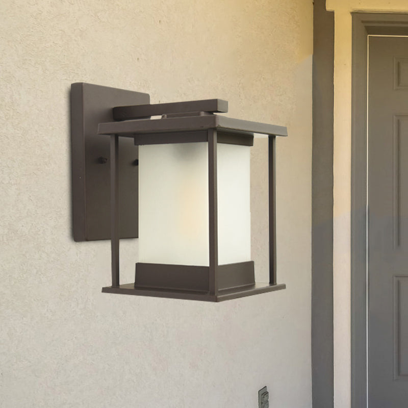Vivolux | Witte glazen rechthoekige wandlamp rustiek 1-lamp wandverlichting voor buiten in koffie/zwart met metalen frame
