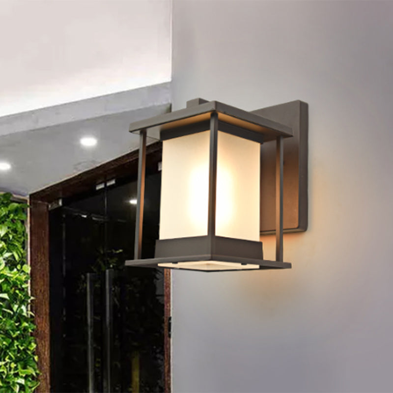 Vivolux | Witte glazen rechthoekige wandlamp rustiek 1-lamp wandverlichting voor buiten in koffie/zwart met metalen frame