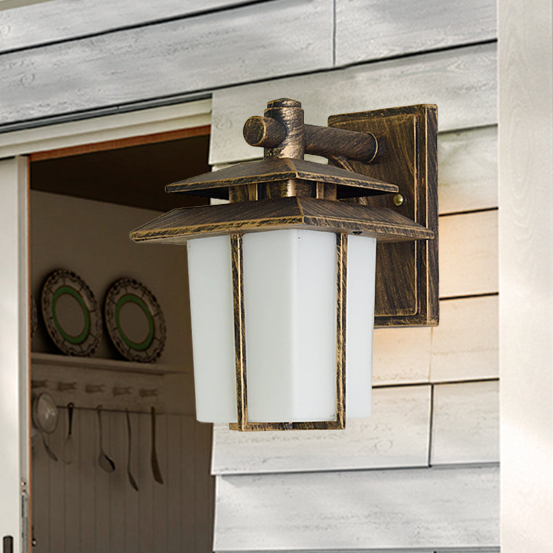 Vivolux | Witte Glazen Lantaarn Wandlamp Lodge 1-Lamp Binnenplaats Wandverlichting Fixture in Brons/Zwart